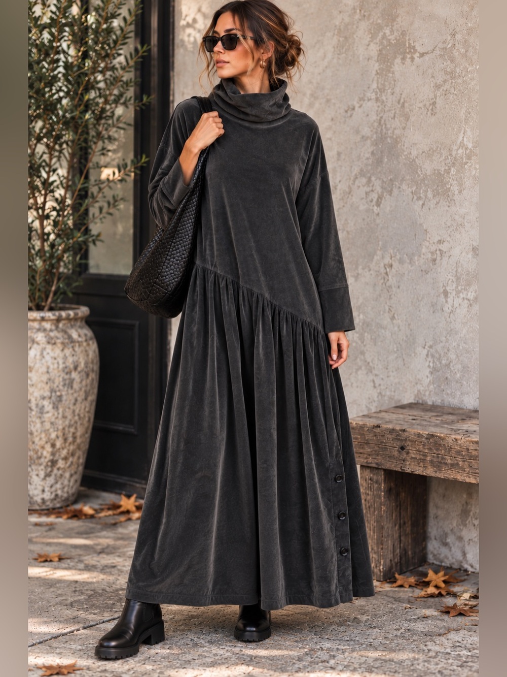 Karol Richardson Velvet Maxi Dress M/L Charcoal Lagenlook Avant Garde
